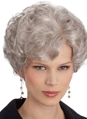 欧美外贸银灰中老年奶奶款女士短卷发微卷蓬松假发头套 hair wig
