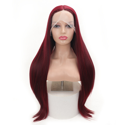 欧美手织蕾丝13x4前蕾丝高温丝酒红色假发头套lace frontal wig