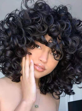Loose wave African Wig for Women外贸非洲黑色短卷发螺丝卷假发