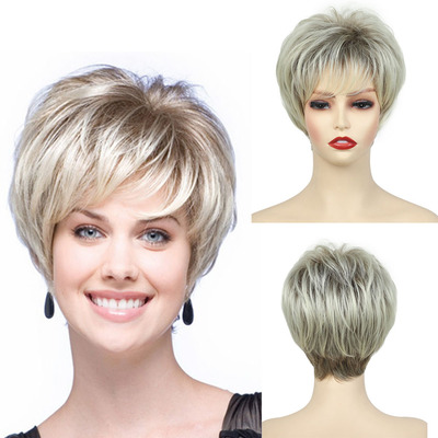 欧美外贸金棕色斜刘海短发假发