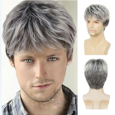 欧美跨境新品男士灰色分层蓬松短发化纤假发头套man hair wigs