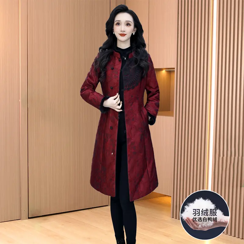 2025新款冬季时尚气质红色长款羽绒服中老年妈妈装修身显瘦外套