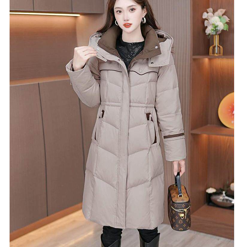 冬季时尚连帽羽绒服女中长款过膝修身显瘦保暖加厚白鸭绒外套