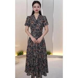 复古优雅花卉印花连衣裙女夏V领收腰显瘦中长款气质裙
