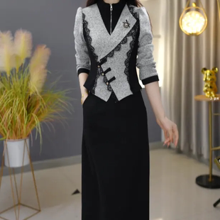 秋冬小香风蕾丝拼接上衣+半身裙女黑色气质显瘦中长款两件套裙