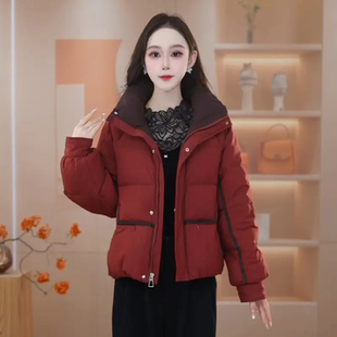冬季时尚气质红色立领羽绒服短款加厚保暖面包服时尚白鸭绒外套