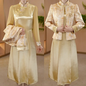 新中式风盘扣刺绣套装女立领外套连衣裙两件套气质显瘦端庄