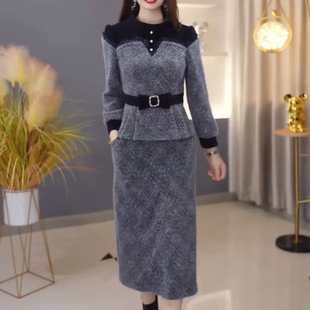 减龄气质穿搭套裙 两件套收腰显瘦时尚 优雅毛呢上衣 半身裙冬季
