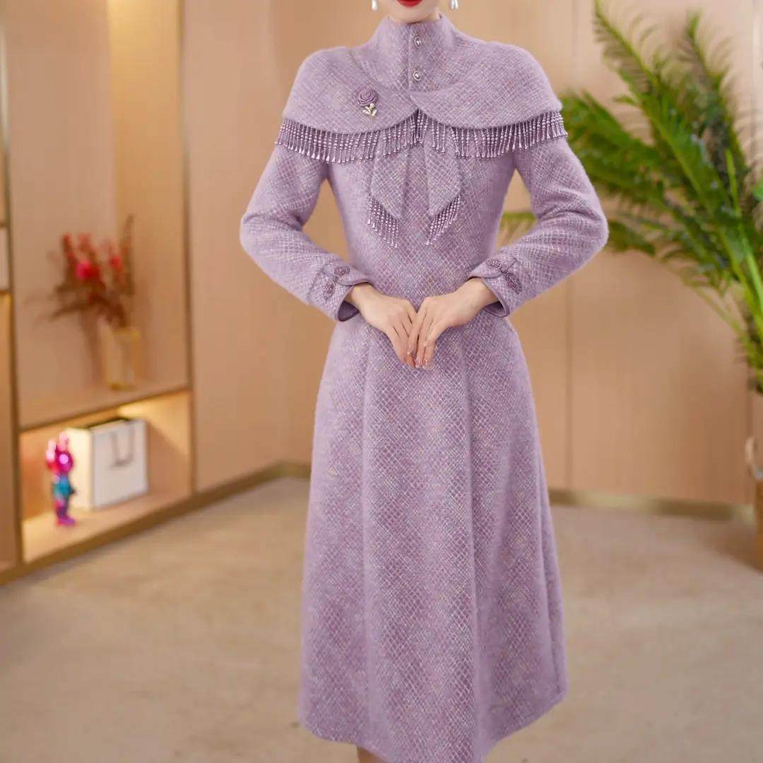 冬季新款轻奢高领流苏连衣裙女紫色显瘦中长裙优雅气质礼服裙