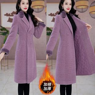 冬季小香风毛呢外套女士中长款加绒加厚双排扣翻领大衣高级感