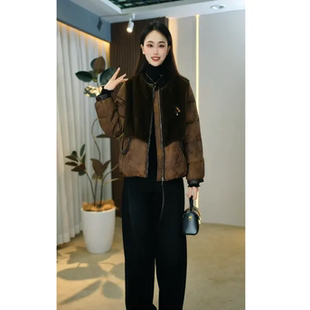 复古风短款白鸭绒羽绒服女士冬装2025新款立领拼接厚外套棕色保暖