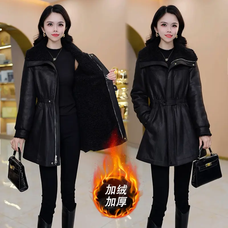 冬季时尚黑色皮毛一体中长款皮衣女士加绒加厚收腰显瘦保暖外套