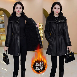 冬季时尚黑色皮毛一体中长款皮衣女士加绒加厚收腰显瘦保暖外套