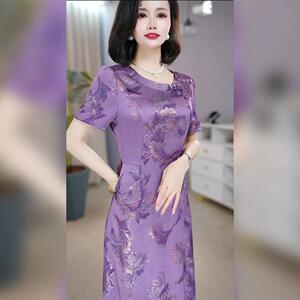 紫色印花连衣裙女夏短袖收腰显瘦减龄轻奢高级感气质连衣裙