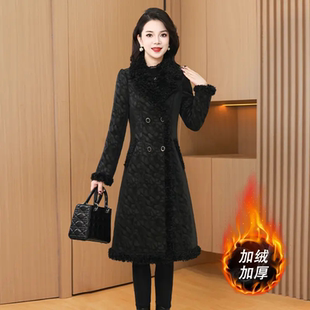 时尚气质优雅黑色毛呢大衣女中长款双排扣加厚加绒保暖显瘦外套