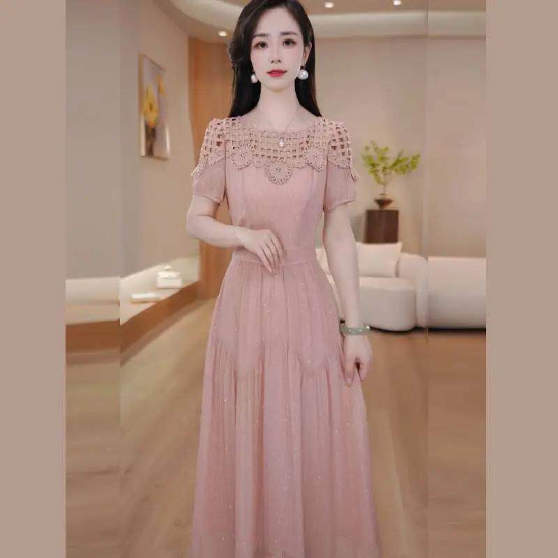 2026夏季新款温柔风短袖连衣裙女式蝴蝶结收腰气质仙女中长款裙子
