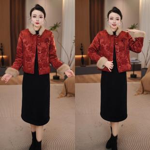 新中式风红色毛领夹棉外套+连衣裙女2025新款温婉端庄气质套装