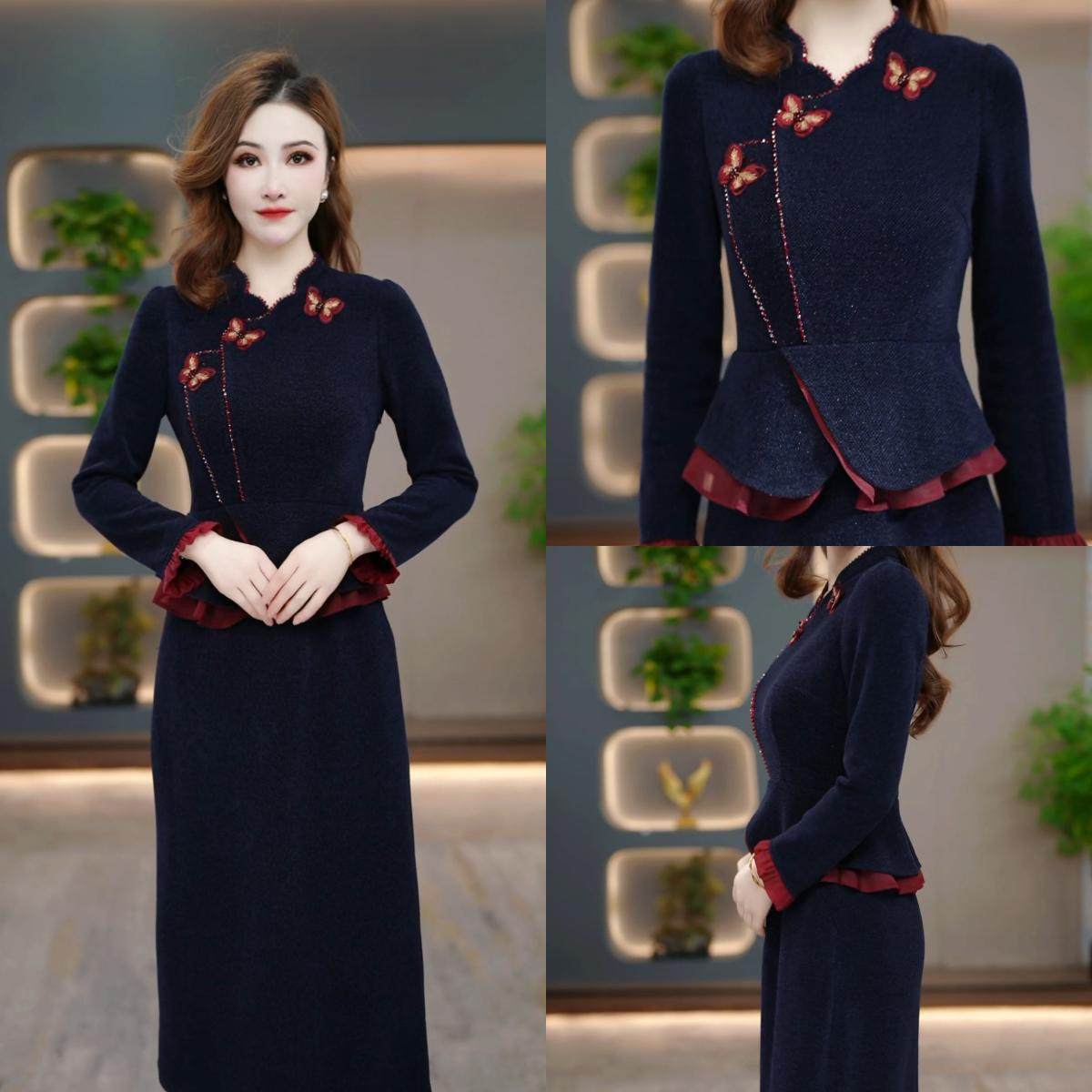 2025冬季轻奢假两件连衣裙女秋冬刺绣荷叶边气质长裙高级感礼服裙