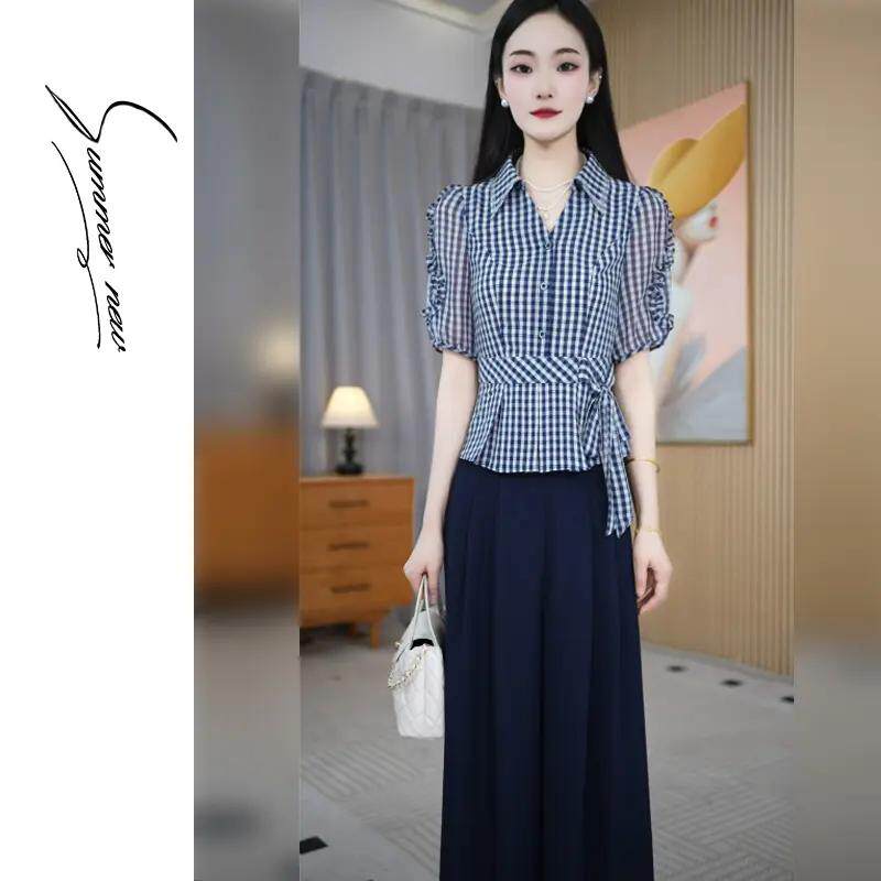 夏季上衣+裤子格子泡泡袖套装女收腰绑带翻领时尚套装职场两件套