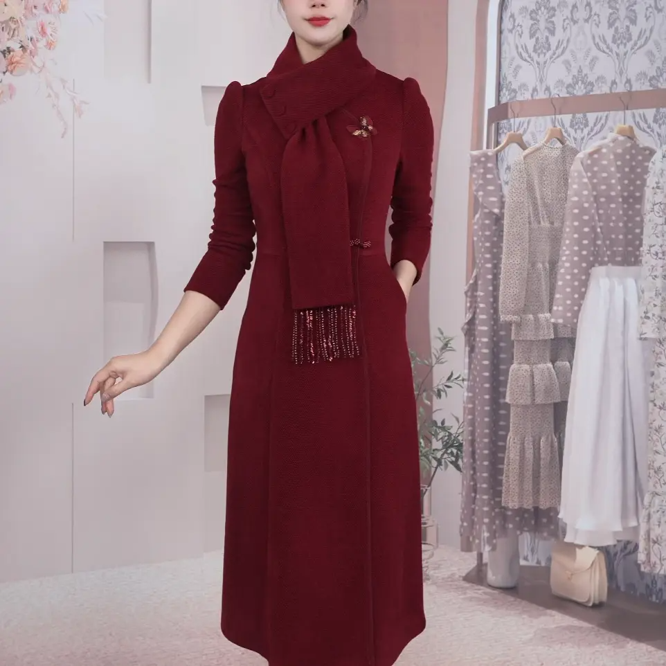 气质围巾领连衣裙女2025冬季新款