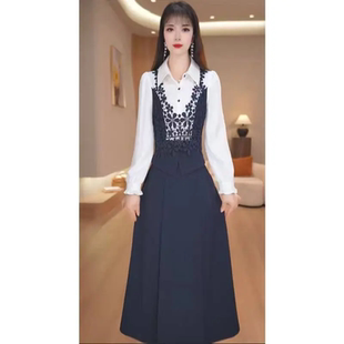 小香风假两件连衣裙女春秋气质轻奢高级感长袖藏蓝色套装裙