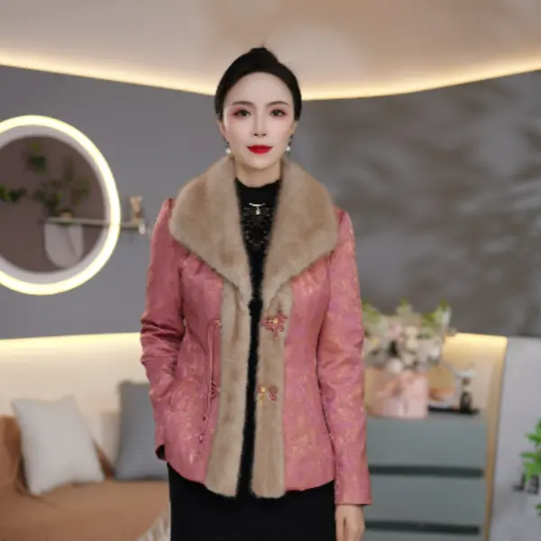 小香风毛领羽绒服女短款粉色收腰保暖外套气质