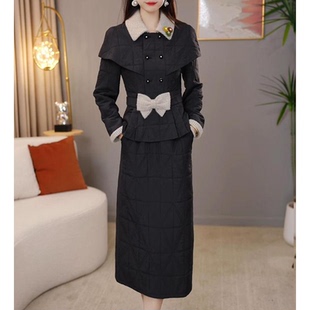 复古翻领双排扣夹棉上衣 气质套裙 半身裙女黑色蝴蝶结收腰修身