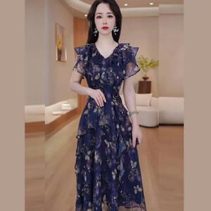 精致风V领荷叶袖碎花连衣裙女修身A字长裙收腰显瘦