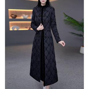 冬季轻奢高级感黑色菱格纹长款大衣+连衣裙女收腰显瘦气质长裙