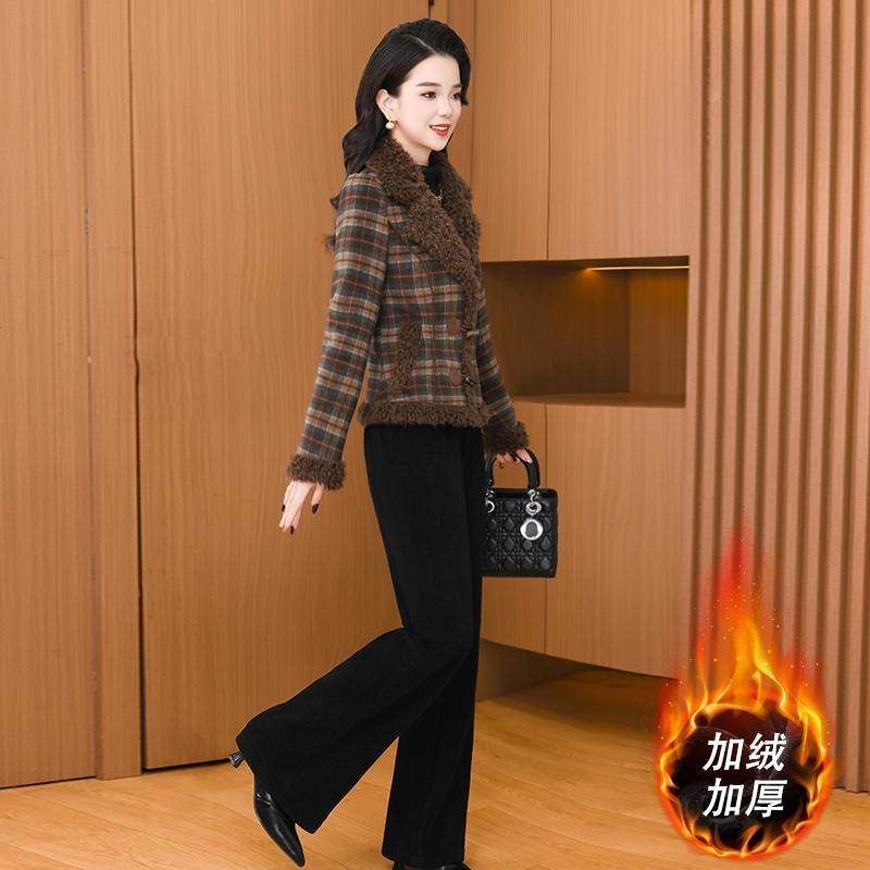 外套+裤子小香风格纹毛呢套装秋冬加绒加厚西装领小个子保暖套装