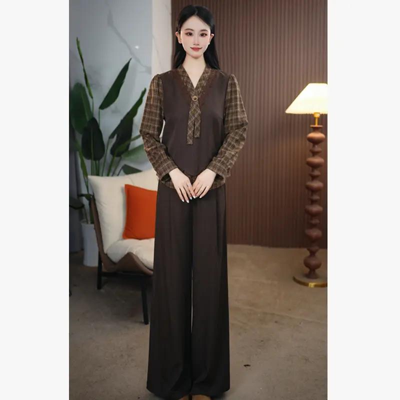 秋季女通勤蝴蝶结衬衫直筒裤套装