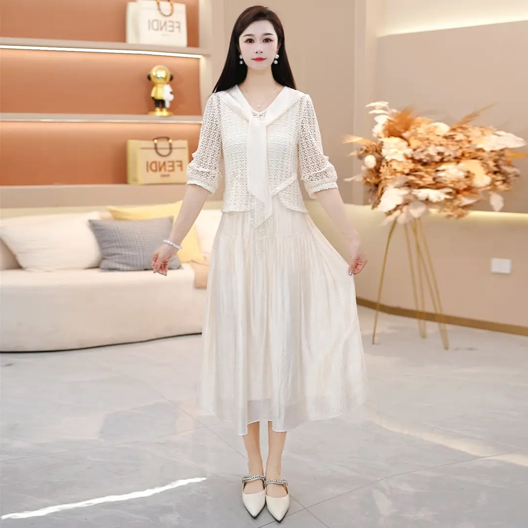 轻奢风白色蕾丝罩衫+连衣裙女士气质名媛减龄高级感长裙