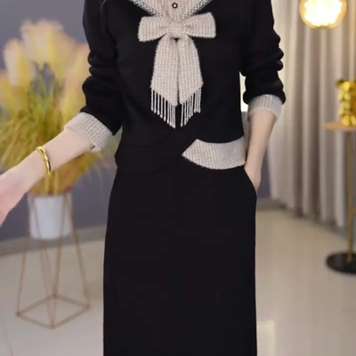 黑色假两件轻奢显瘦中长裙