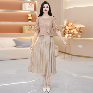 两件套高级感气质长裙 小香风镂空针织连衣裙女2026新款