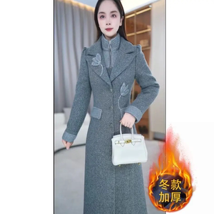 气质毛呢大衣+连衣裙女士冬装新款妈妈装加厚保暖显瘦翻领长裙