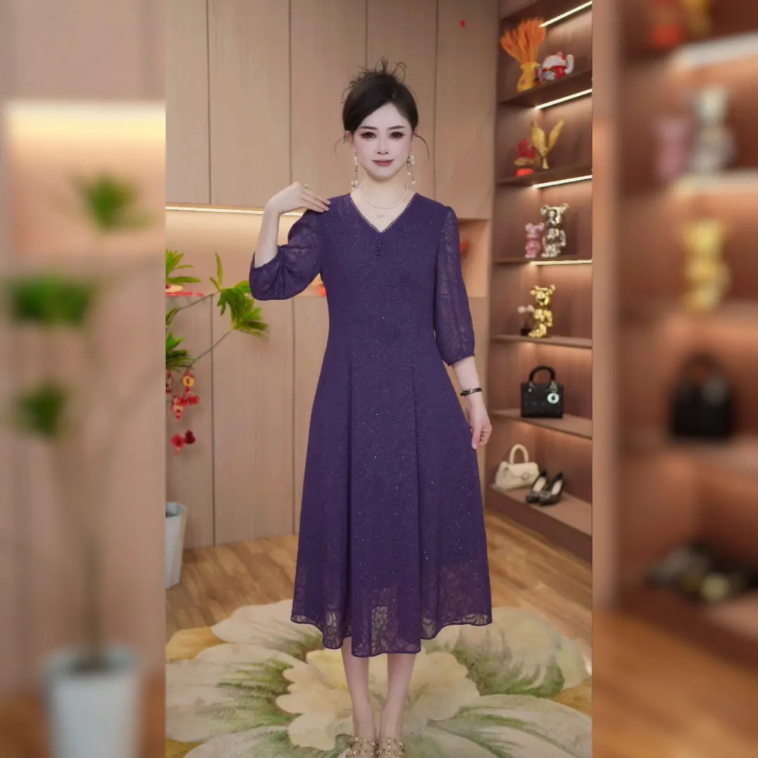春季优雅V领蕾丝收腰显瘦连衣裙