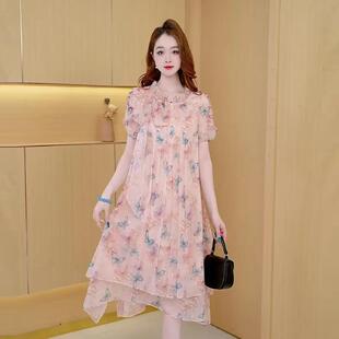 淑女风印花连衣裙女夏季新款圆领短袖中长款气质减龄裙子