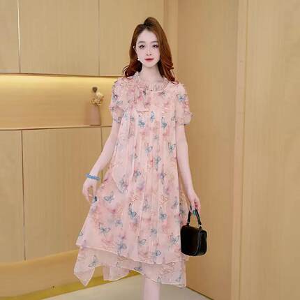 淑女风印花连衣裙女夏季新款圆领短袖中长款气质减龄裙子