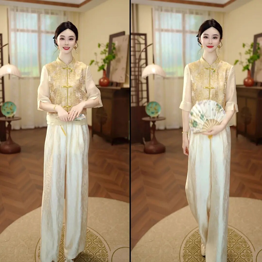 新中式刺绣盘扣夏季显瘦女两件套