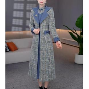 收腰显瘦蓝色拼接两件套 连衣裙女长款 英伦风格 纹大衣