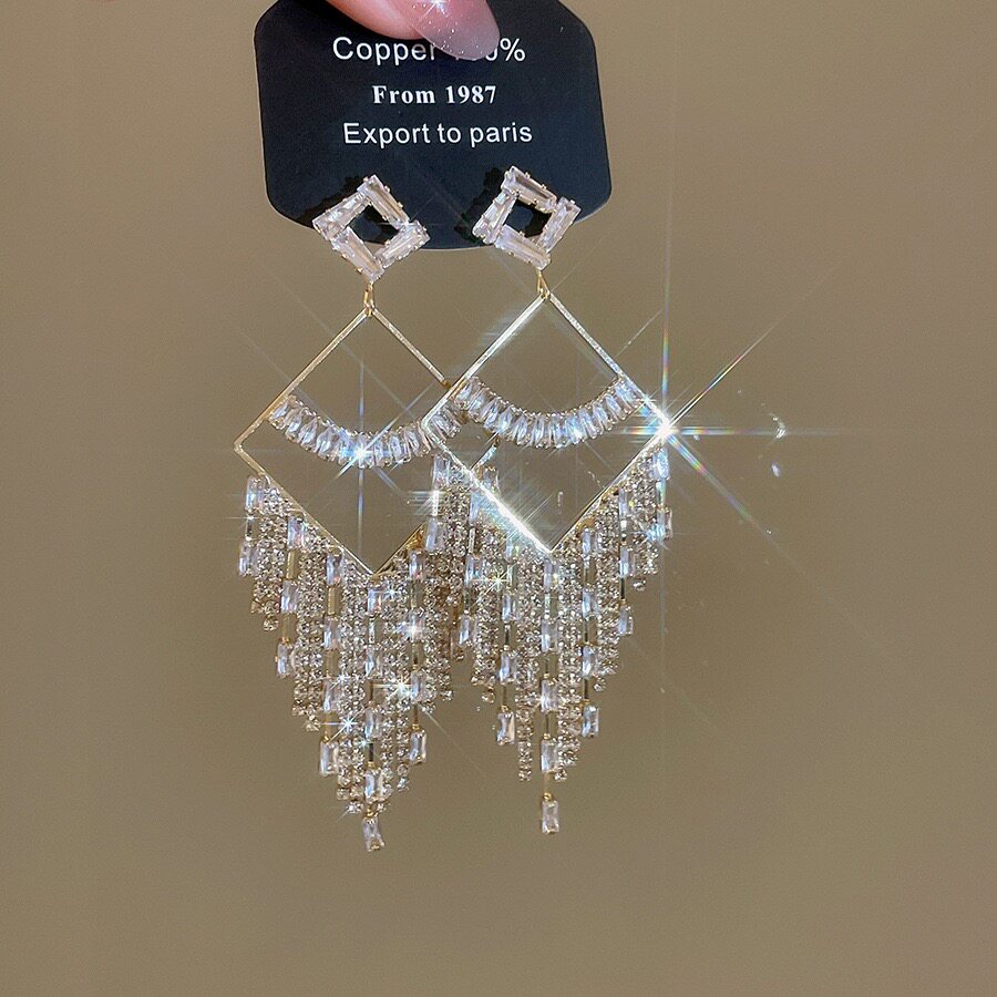 超闪锆石菱形长方形流苏耳环时尚百搭耳钉精致轻奢高级感耳饰05