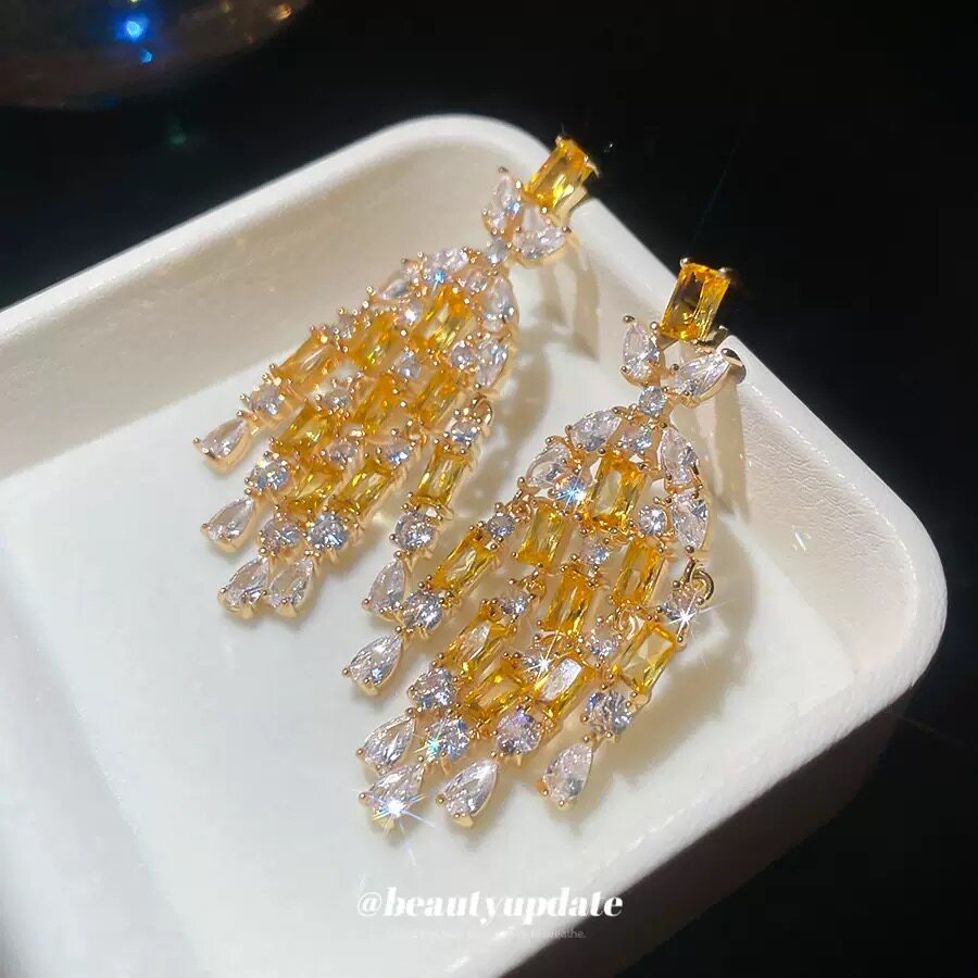 金黄色流苏长款水滴耳饰高级气质ins轻奢重工小众耳环女57