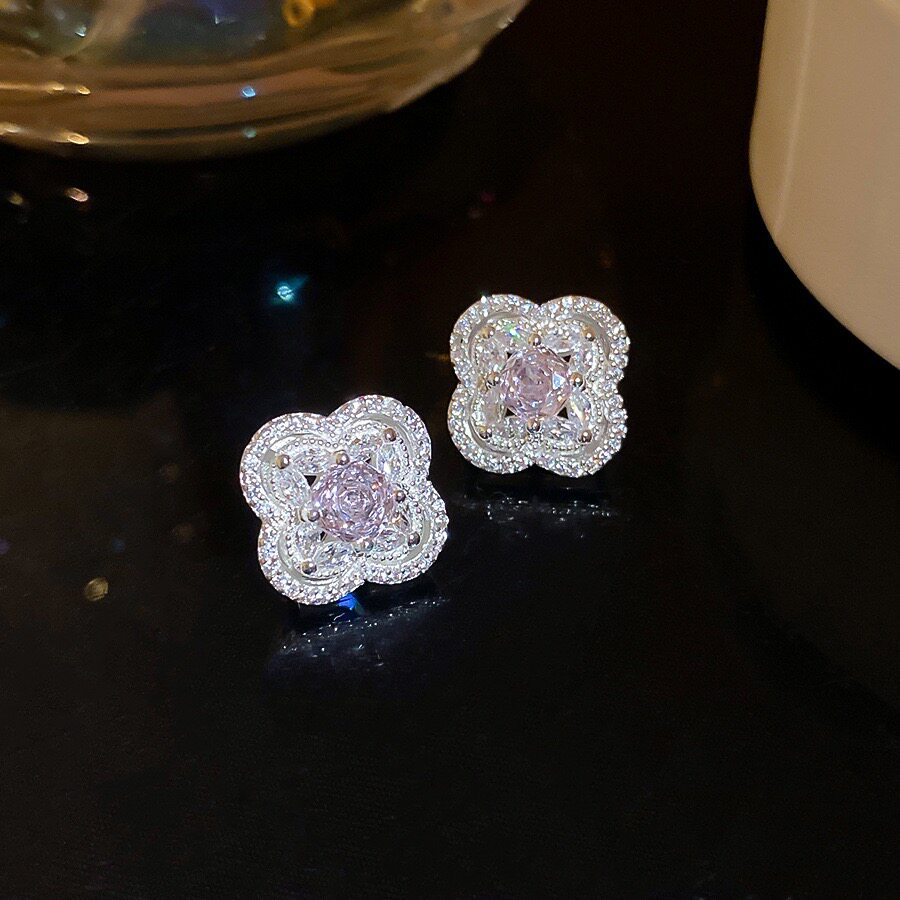 粉色玫瑰切幸运四叶小花锆石耳钉轻奢小众新款爆款耳环