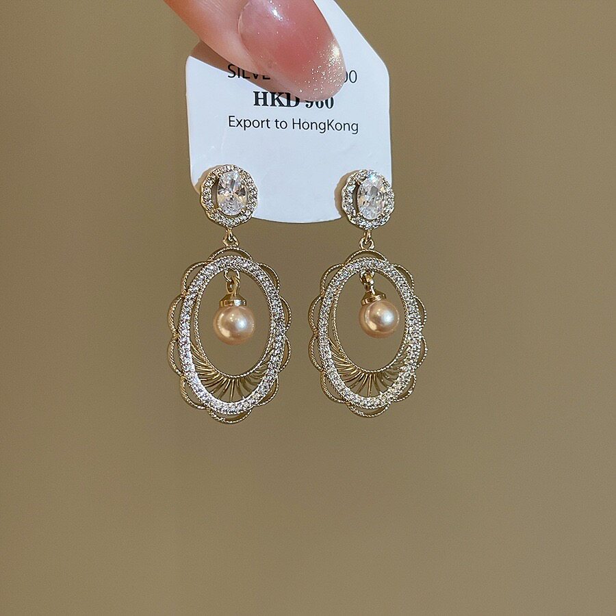 咖金色椭圆蕾丝珍珠耳环女新款耳钉小众设计耳饰品轻奢高级感33