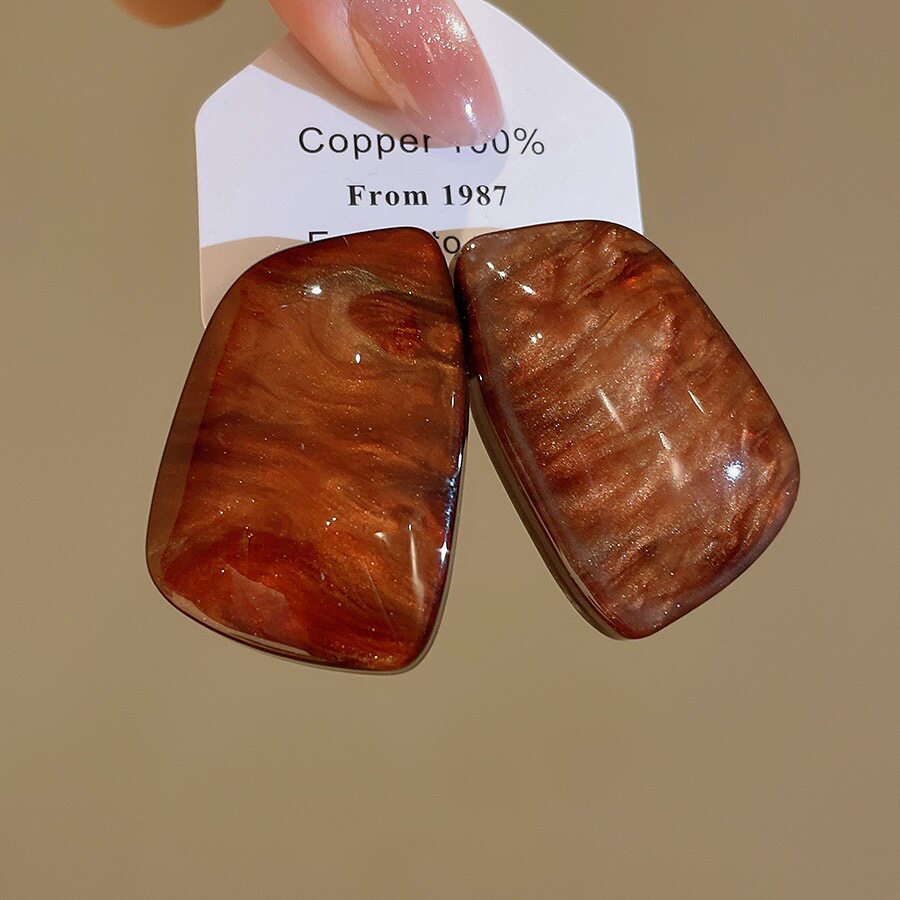 小众港风设计方形琥珀色渐变纹理耳钉几何树脂耳环高级感时髦耳饰