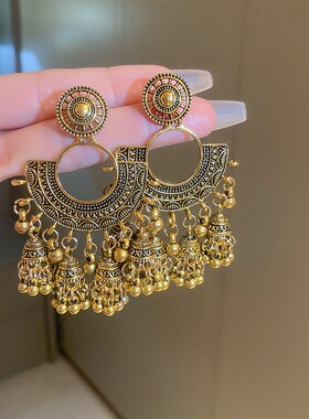 圆形扇形铃铛流苏耳环气质复古高级感银针耳坠欧美宫廷风耳饰1625