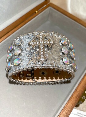 未来感朋克十字镶钻水钻手链嘻哈摇滚个性镶钻重工皮革饰品手环59