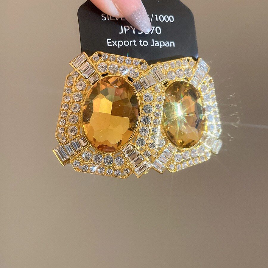 复古黄色椭圆水晶耳环夸张高端华丽新娘结婚晚宴礼服耳钉耳饰657