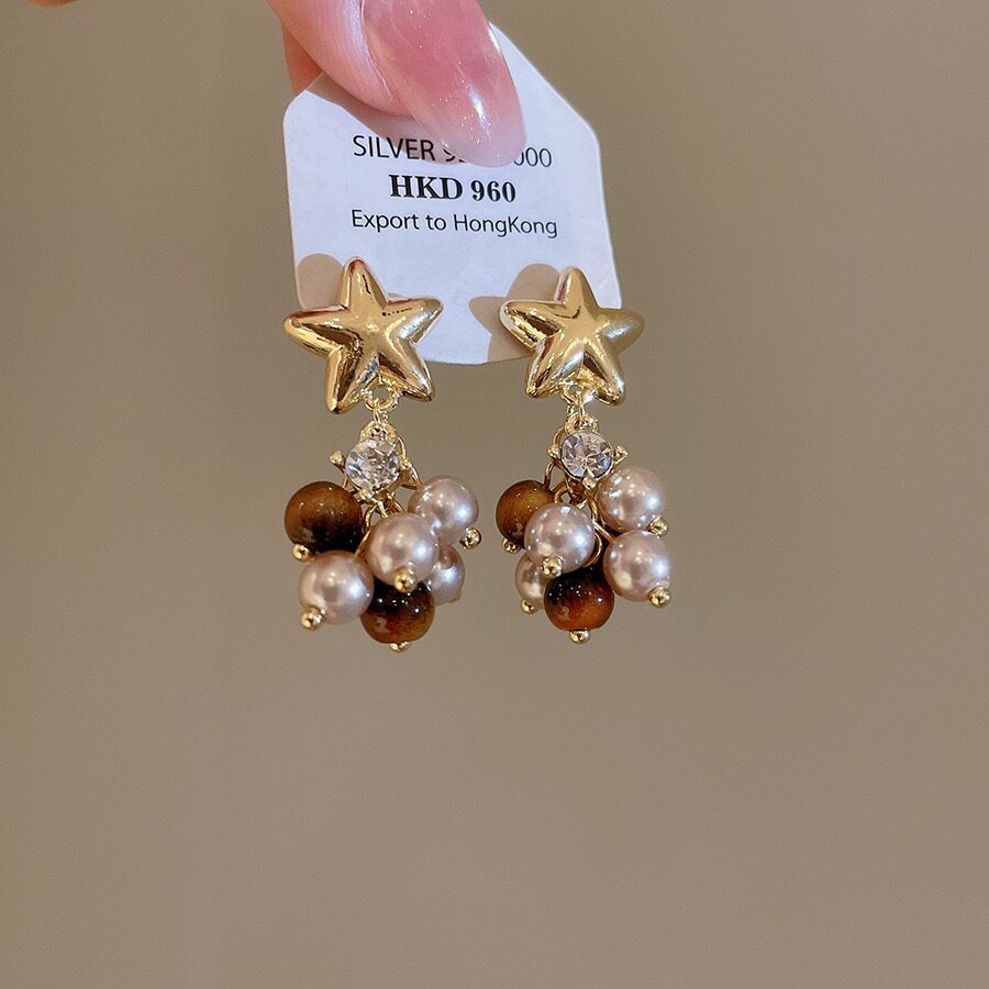 复古金色星星虎眼石流苏耳环女新款爆款珍珠耳环高级感耳饰42