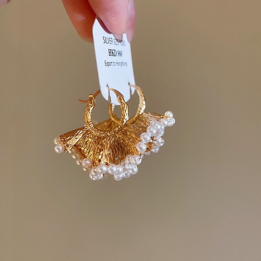 法式扇形褶皱珍珠耳扣肌理感耳环小众设计精致高级感百搭个性耳饰